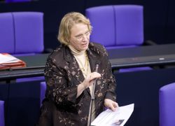Nicolette Kressl steht vor einem Mikrofon im Plenarsaal.